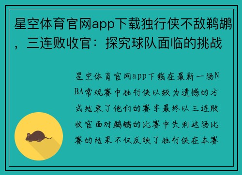 星空体育官网app下载独行侠不敌鹈鹕，三连败收官：探究球队面临的挑战与未来展望